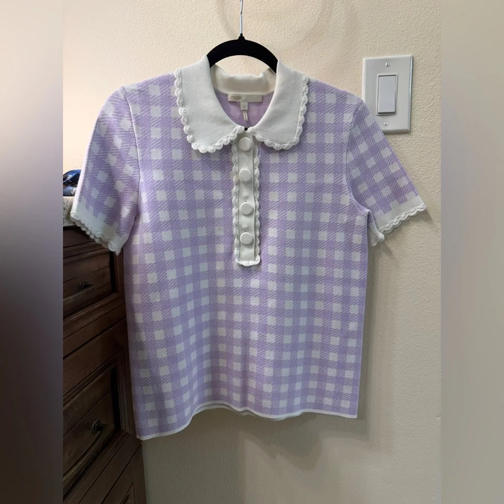 Maje woman’s Lavender Gingham Collared Knit Top with Scalloped Trim - Picture 3 of 8